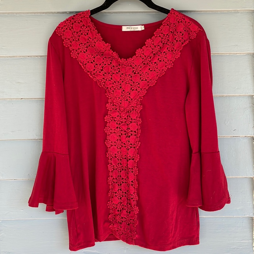 Lace V-Neck Bell Sleeve Blouse